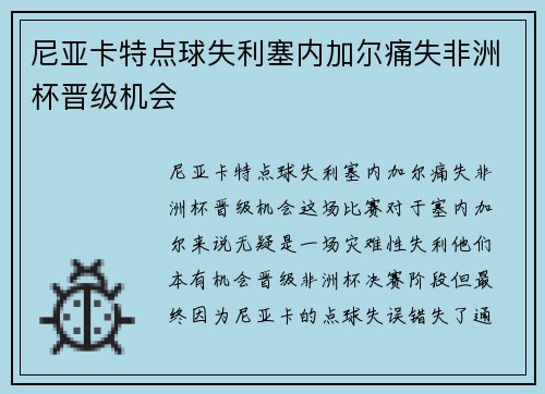 尼亚卡特点球失利塞内加尔痛失非洲杯晋级机会